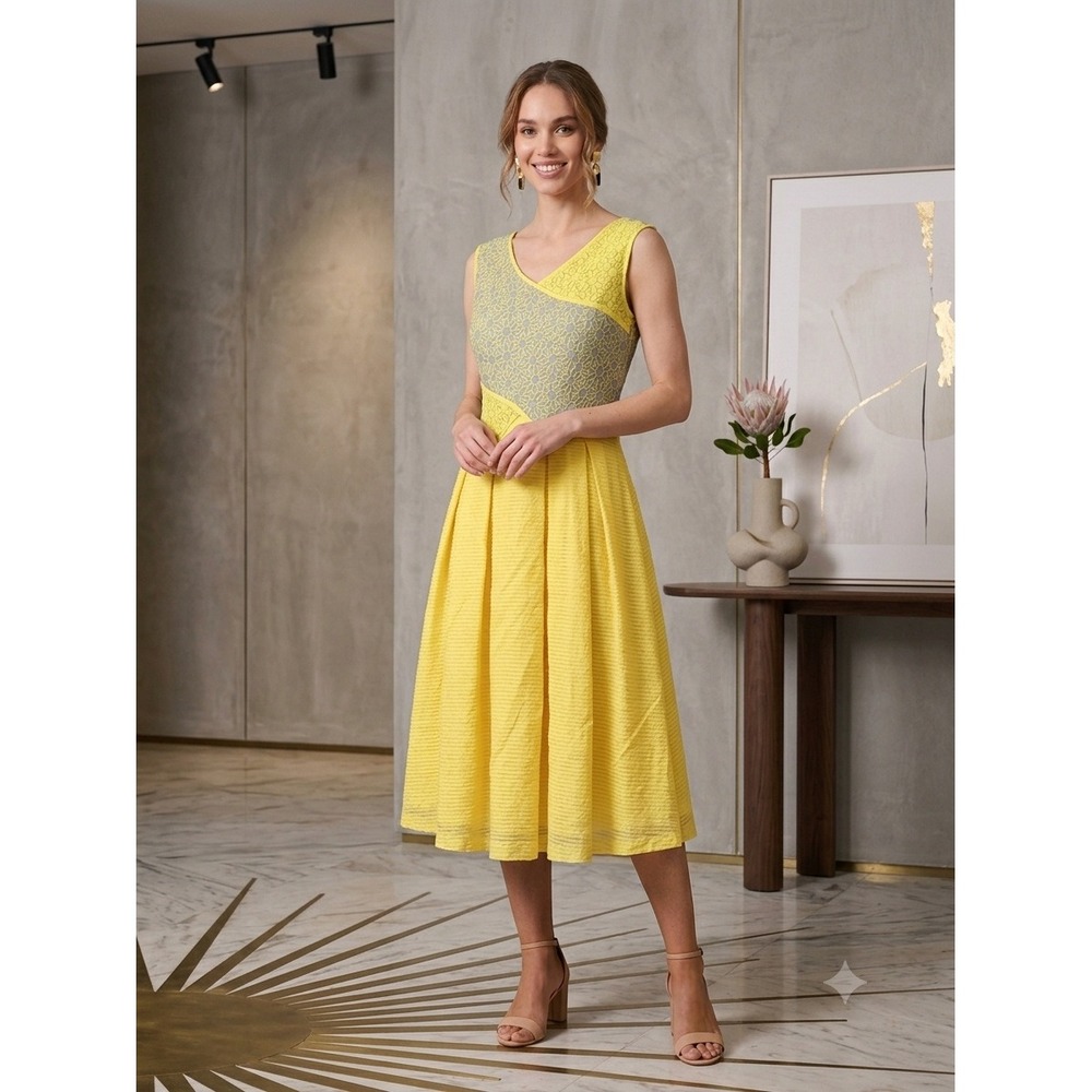 Eva Franco Dress Women 4 Yellow Suny Dress Maize Floral Jacquard Midi A-Line NEW